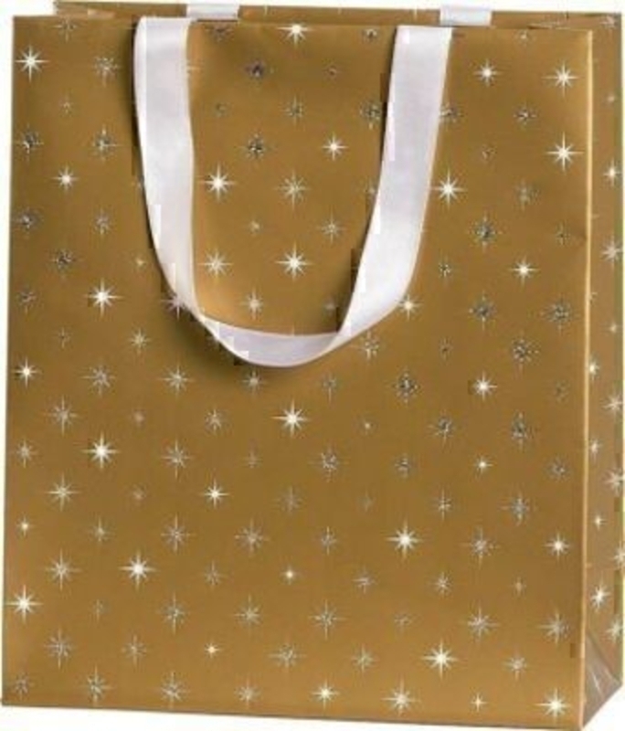 Christmas Gift Bag Gold Silver Stars Corona Medium Gold by Stewo This quality gift bag by Swiss designers Stewo will not disappoint. It has all the quality and detailing you would expect from Stewo. This gift bag is made from thick card. The strong handle